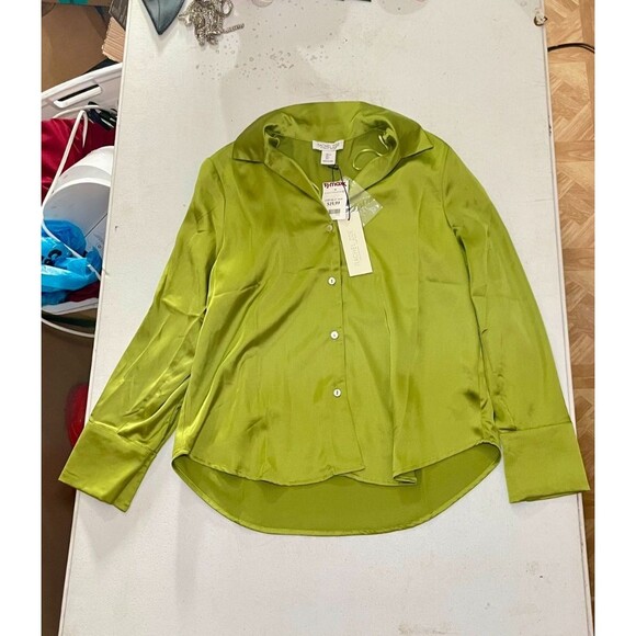 Rachel Zoe Lime Green Satin Button Down Blouse – Size L (NWT) - Picture 6 of 12